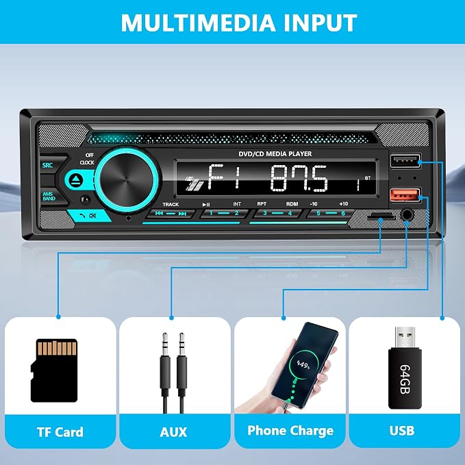 Single DIN CD/DVD Car Stereo with Bluetooth Hands-Free Calling, Push-to-Talk Assistant, FM Car Radio, USB AUX SD Playback, App Control, 7-Color Backlit Display, iOS & Android Compatible