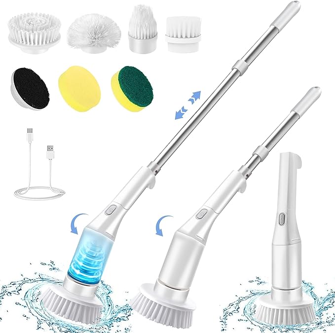 Electric Spin Scrubber, Brush Head Angle Adjustable, Shower Brush, Cordless Cleaning Brush IPX6 Waterproof, 6 Replaceable Brush Heads, Extendable Handle, 2 Speed, for Bathroom, Tile, Kitchen, Car