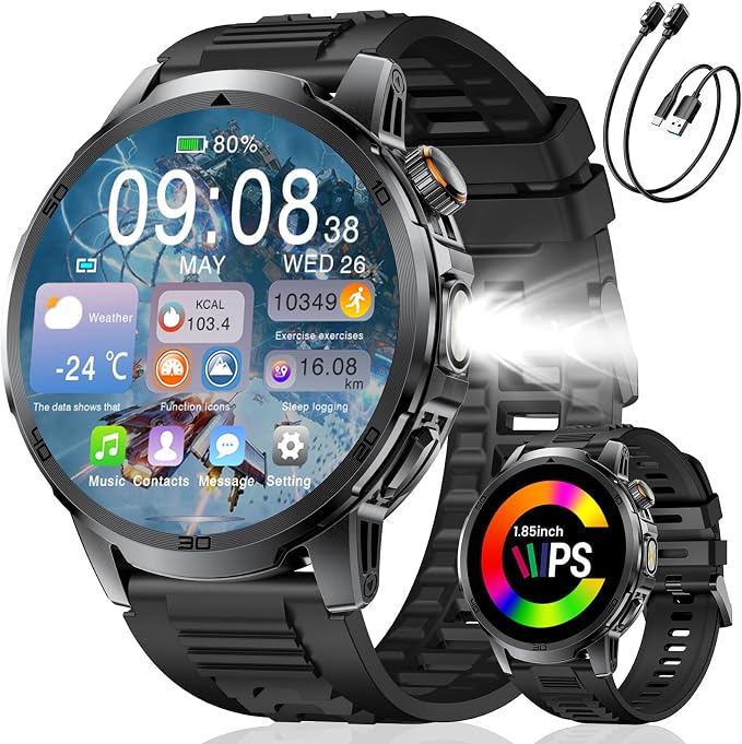 Military Smart Watch for Men Answer/Make Call, 1.85'' HD Rugged Smartwatch with 1000mAh Battery/Flashlight/Heart Rate/110+ Sports Mode, IP68 Waterproof Fitness Tracker Watch for Android iPhone