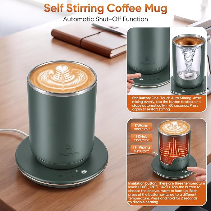 Self Stirring Coffee Mug, Self Heating Coffee Mug, Heated Cup with 3-Level Smart Temperature Control, Auto Shut-Off Electric Coffee Cup Warmer with Detachable Base, Gift for Family Friends (Green)