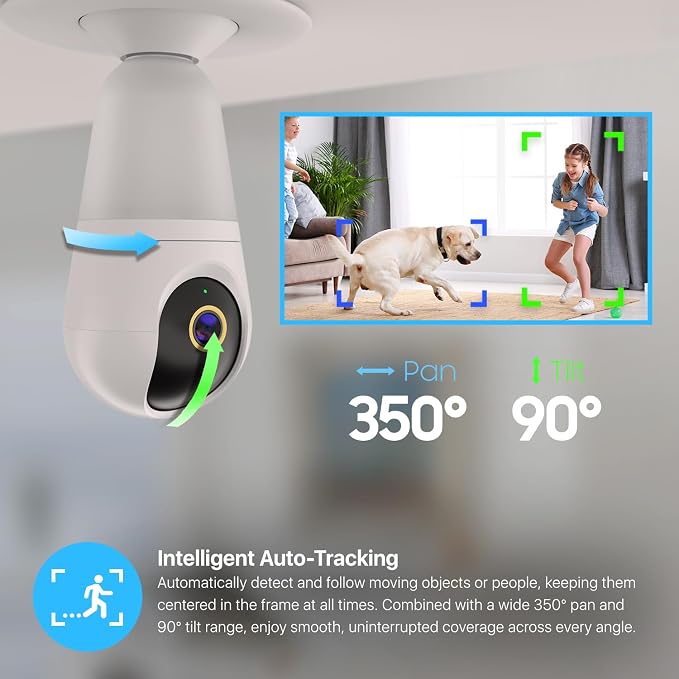 Amcrest Link 4MP Light Bulb WiFi Indoor/Outdoor Camera, Human Detection, 90.5° FOV, Pan/Tilt, IP45, AI Night Color, 2.4GHz/5GHz Dual Band Camera, Supports MicroSD Storage up 128GB