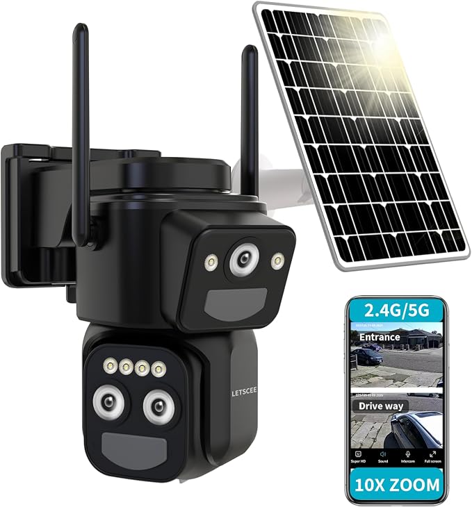 LETSCEE Security Cameras Wirelss Outdoor Solar Powered for Home Security, 360 View Outside Camera,Motion Detection,10x Hybrid Zoom PAN Tile,i IP-65 Weather Proof (3 Lens Hybrid Zoom)