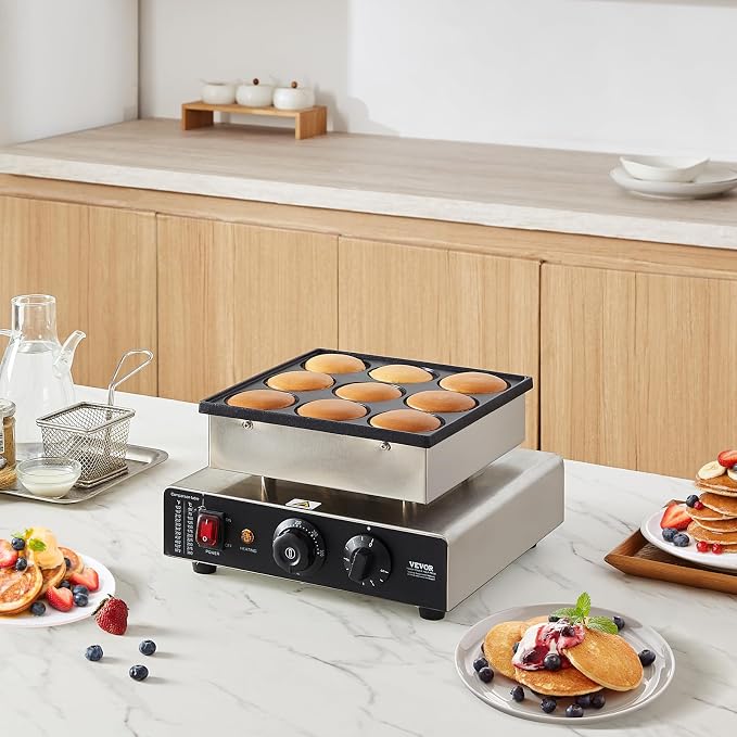VEVOR Dutch Pancake Maker, 9PCS 76mm Diameter Dorayaki Baker Machine, 850W Commercial Electric Poffertjes Grill, Non-stick Stainless Steel, Temp & Time Control, for Home Kitchen Restaurant Snack Bar
