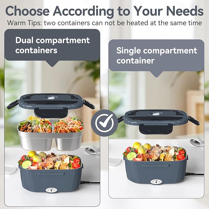 Vingud Electric Lunch Box for Adults, Heated Lunch Box for Men w/Dual 1.5L SS Containers, Portable 80W Food Warmer for Car/Truck, Lonchera Eléctrica Portátil Christmas White Elephant Gifts, Dark Grey