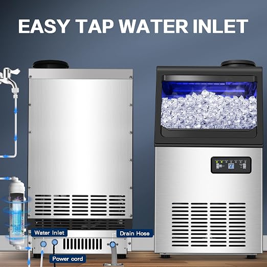 Commercial Ice Maker Machine 110LBS/24H, Undercounter or Freestanding Ice Machine with 22LBS Storage Bin, Stainless Steel Self-Cleaning for Home, Bar, Restaurant, Coffee Shop