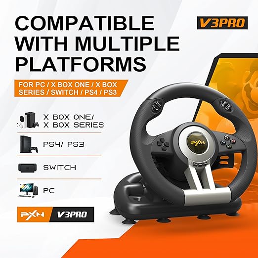 PXN PC Racing Wheel, V3 PRO 180 Degree Universal Usb Car Sim Race Steering Wheel with Pedals for PC, PS3, PS4, Xbox One, Xbox Series X/S, Switch (Black)
