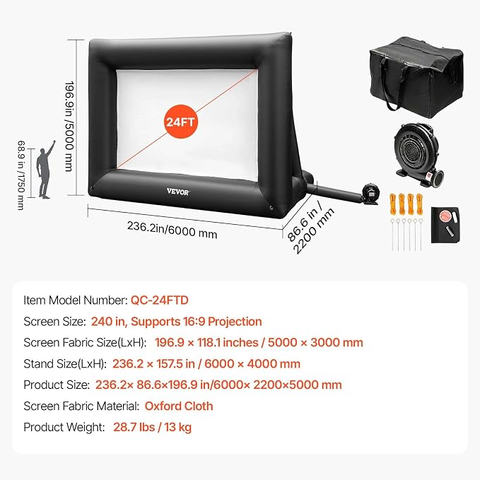 VEVOR Inflatable Projector Screen for Outdoor Use with 350W Air Blower, Oxford Fabric Material, Supports Front/Rear Projection,Black