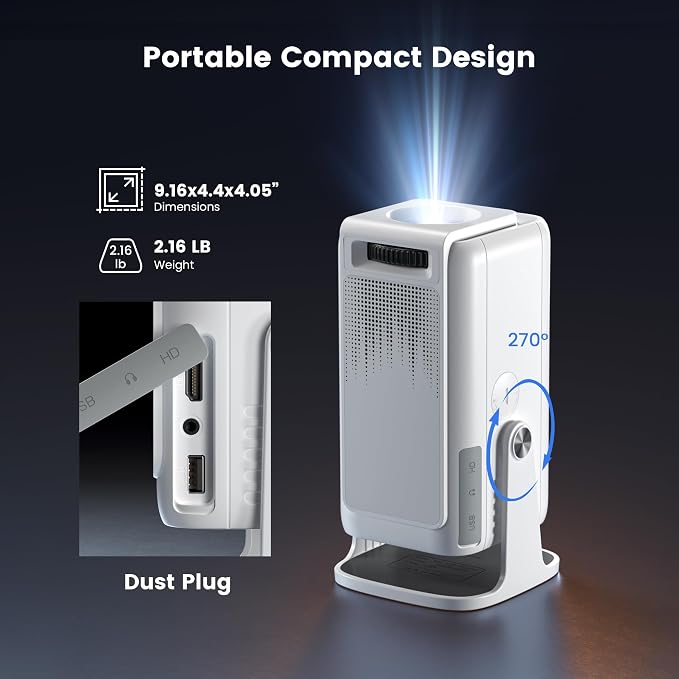 [Built-in Apps ] Mini 4K Projector with Wifi and Bluetooth, Native 1080P Smart Portable Movie Projector with 270°Rotatable Stand, Android 13 OS, Auto Keystone, Support Big Screen for Home Bedroom