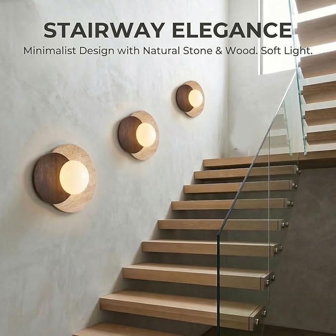 Marble Wall Lamp, Bathroom Vanity Light Fixtures, Wall Mount Lamp, Over Mirror, Stone Wall Sconces, Vintage Wall Light with Wood and Stone Shade, for Porch Workshop Kitchen Living Room