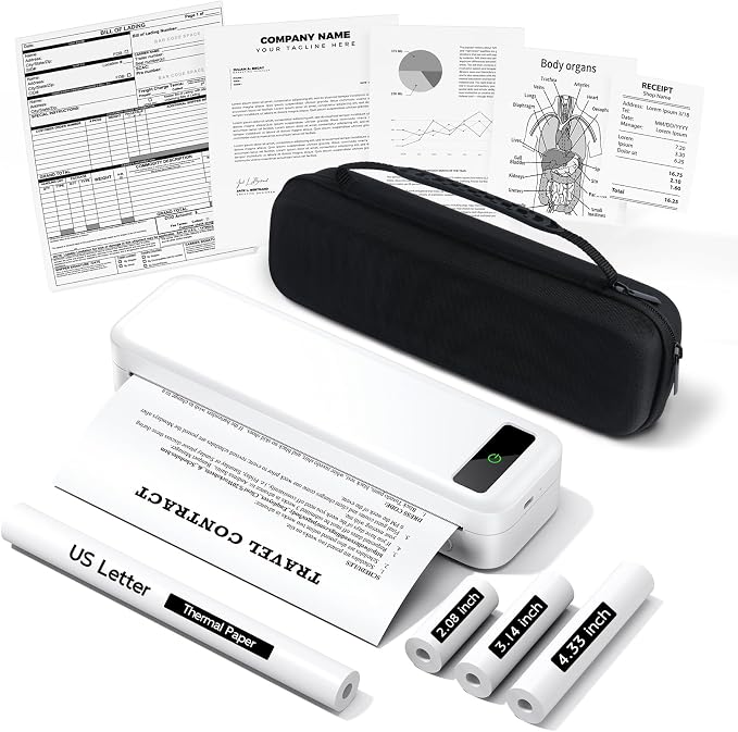 Portable Printers Wireless for Travel, A285M Bluetooth Inkless Thermal Printer, Support 8.5" X 11" US Letter & A4, Small Mobile Printer with Carry Case and 4 Rolls Thermal Paper, for Home Car Receipt