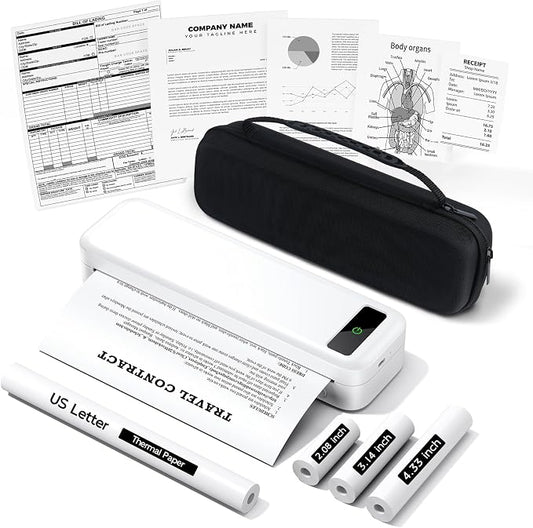 Portable Printers Wireless for Travel, A285M Bluetooth Inkless Thermal Printer, Support 8.5" X 11" US Letter & A4, Small Mobile Printer with Carry Case and 4 Rolls Thermal Paper, for Home Car Receipt