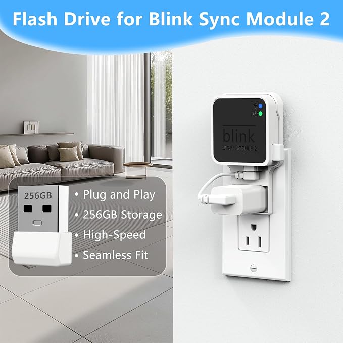 256GB USB Flash Drive with Outlet Wall Mount for Blink Sync Module 2, USB Storage and Sync Camera Mount for Blink Outdoor Indoor Security System (Sync Module 2 is NOT Included),White