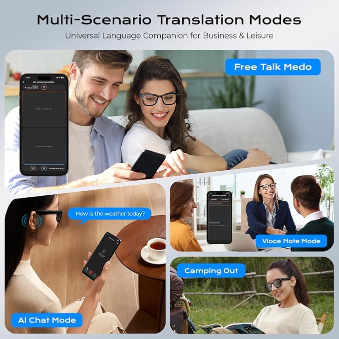 XO AI Smart Glasses,HD 1080P Camera Glasses with Video Recording & Photo Taking, Language Real-Time Translation Glasses and Color-Change Lens Perfect for Travel, Business