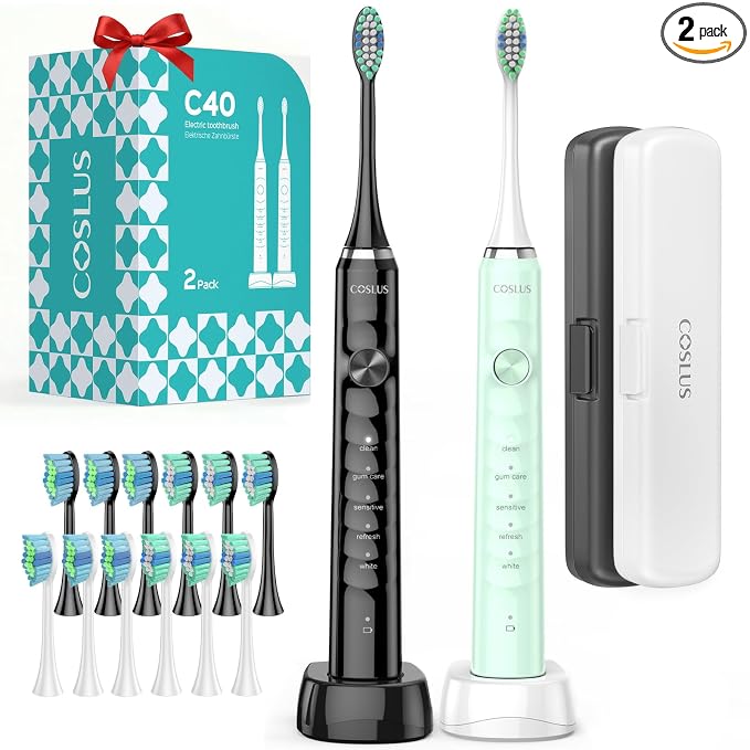 COSLUS C40 Sonic Electric Toothbrush for Adults: 47000 VPM for Deep Cleaning & Whitening with Travel Case - 5 Modes for Sensitive Teeth & Braces, Wireless Charging, 6 Brush Heads, Black & Green (2PCS)