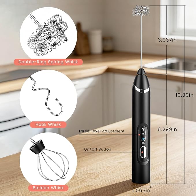 Handheld Milk Frother with Travel Case - Portable USB Rechargeable Mini Whisk for Coffee, Latte. Includes 3 whisks, storage, perfect for frothing milk, beating eggs, and blending drinks.