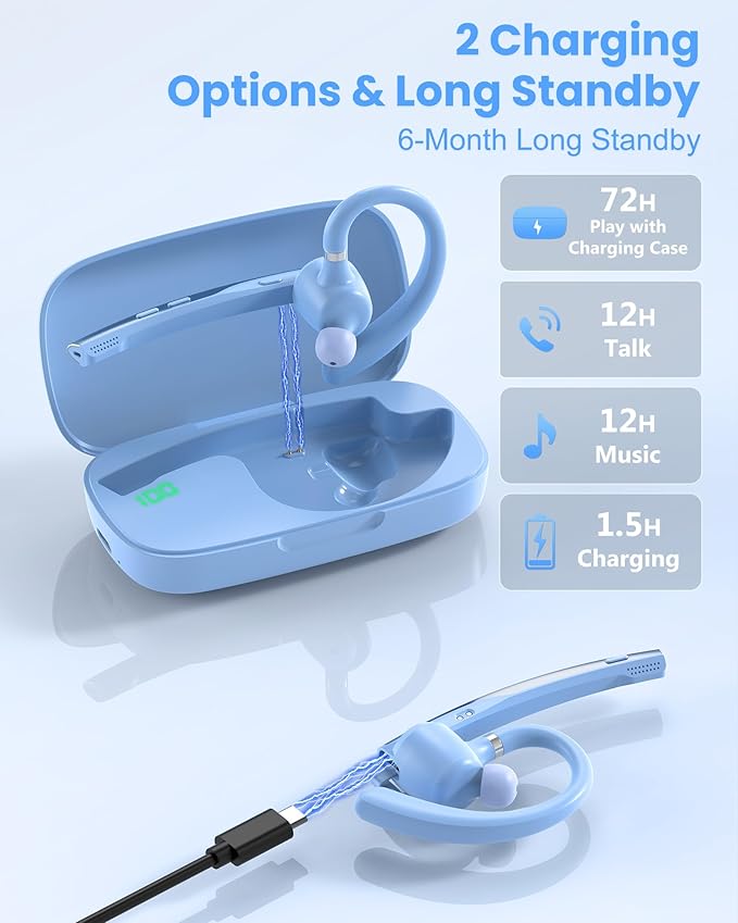 New Bee Bluetooth Headset, Single-Ear Bluetooth Earpiece for Cell Phone Calls, Dual Mic with Mute Button, 72H Talk Time, 500mAh Charging Case Wireless Headset for Phone and Laptop