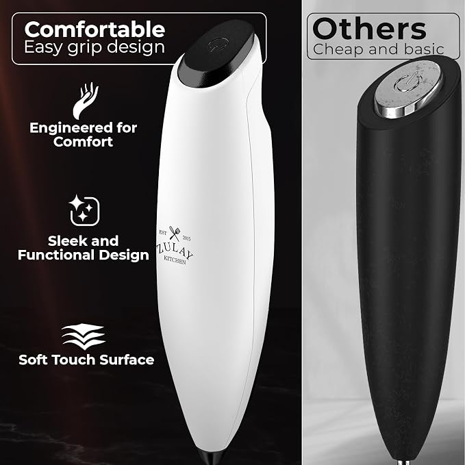 Zulay Kitchen Powerful Milk Frother Wand With Duracell Batteries - Ultra Fast Handheld Drink Mixer - Electric Whisk Foam Maker for Coffee, Lattes, Cappuccino & Matcha - Triple Whisk - White & Black