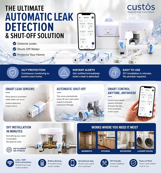 CUSTOS/Firebot DIY Automatic Water Shut Off Valve Control, LoRa Water Leak Detection Device Kit with 3 WiFi Water Leak Sensor, WiFi Water Shutoff Valve with Battery Backup