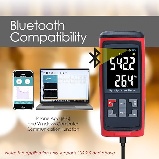 Light Meter Digital Illuminance Meter with Ambient Temperature Measuring and Recording, Bluetooth Lux Light Meter with 32,752 Groups Data Logging, Handheld Photometer Lumens LED Brightness Tester