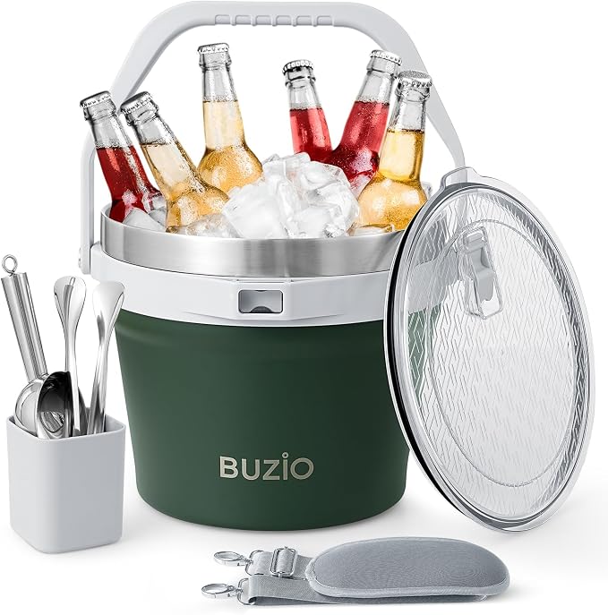 BUZIO 7 L Ice Bucket with Lid and Scoop & Tongs, Vacuum Insulated Stainless Steel Ice Buckets with Handle and Adjustable Shoulder Strap, Large Beverage Bucket for Cocktail Bar Champagne, Green