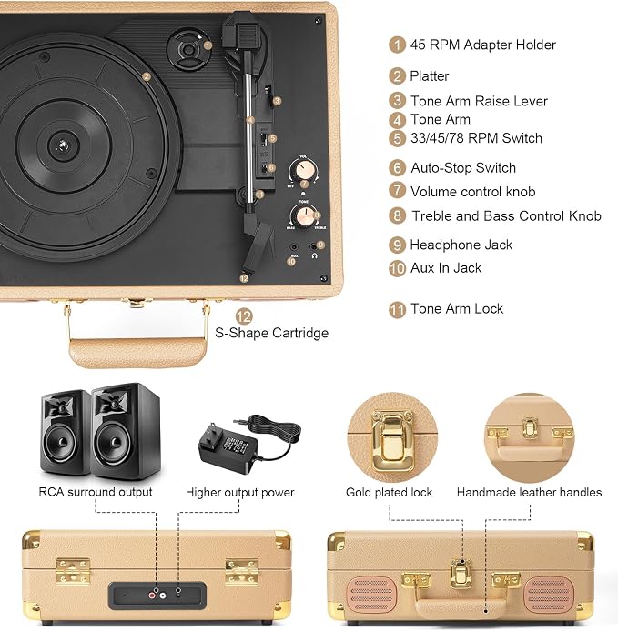 Record Player 3 Speed Bluetooth Portable Suitcase, Vinyl Phonograph with Built-in Bass & Speakers, Belt-Driven LP Player Support AUX-in RCA Line Out Headphone Jack, Champagne Gold