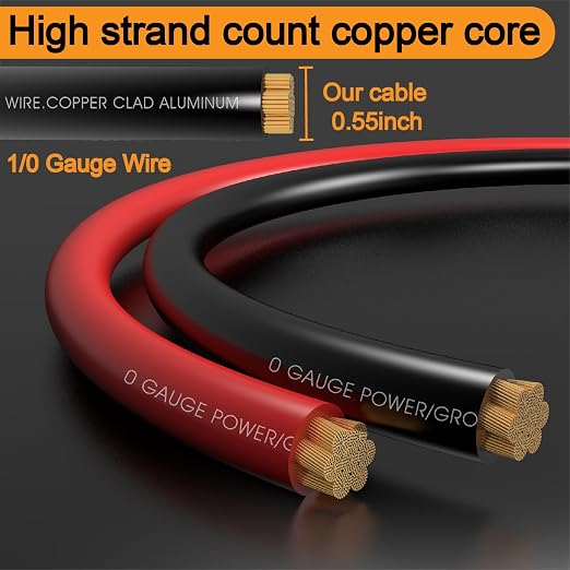 40FT 0 Gauge Wire,1/0 Battery Cable Copper Clad Aluminum for Winch,Reducer,Starter,Solar Power,DC Wiring,W/ 250A Fuse Holder,20pcs Lugs Terminals and Heat Shrink Tube