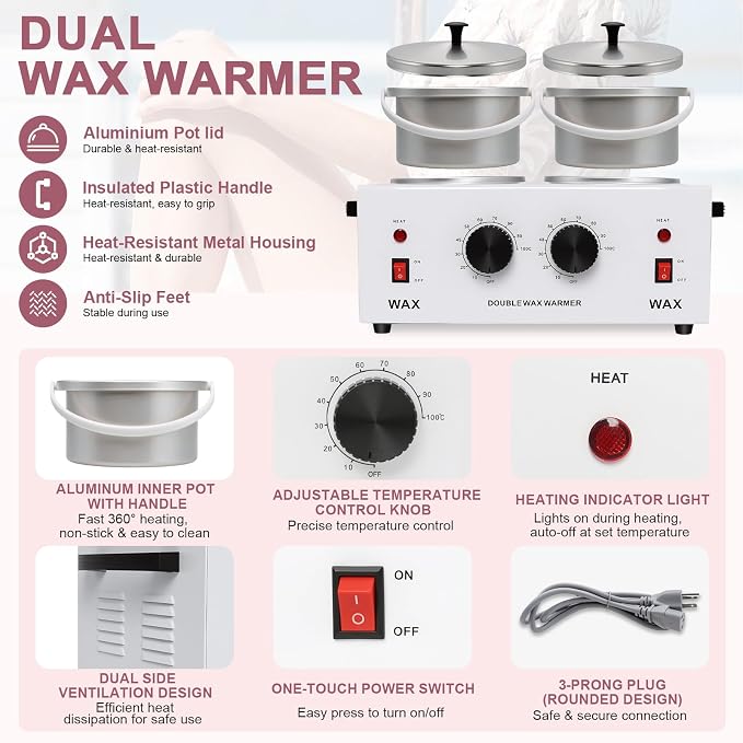 Wax Warmer Double Pot, Professional Electric Heater for Facial, Body, Spa, and Salon, 1.2L Dual Adjustable Temperature with 100 Wooden Craft Sticks, Hair Removal