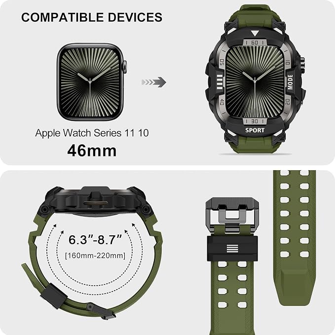 DABAOZA Rugged Case with Band Compatible with Apple Watch 46mm, for iWatch Series 11/10,Military Grade Shockproof Bumper and Men's Tactical Heavy Duty Strap(Army Green,46MM)