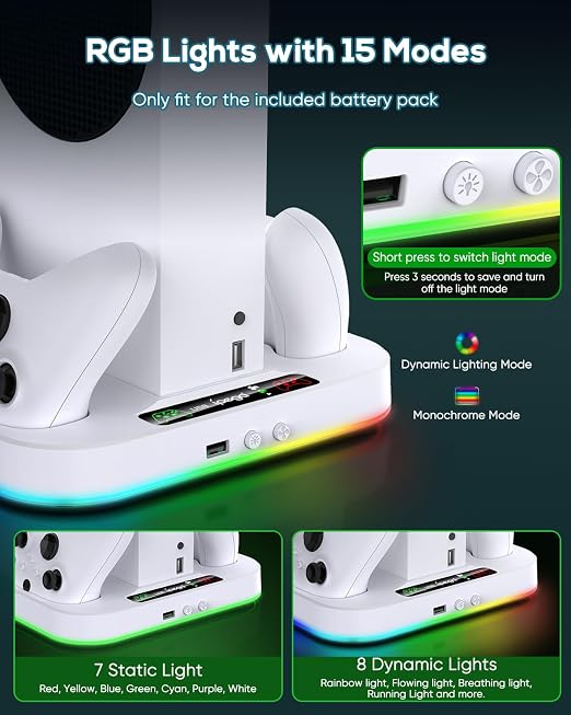 Cooling Stand for Xbox Series S Console with 15 Light Modes, MENEEA Dual Fast Charger Station with 2x1400mAH Batteries,Cooler System Accessories with 3-Speed Adjustable Fan, 2.0 USB Port