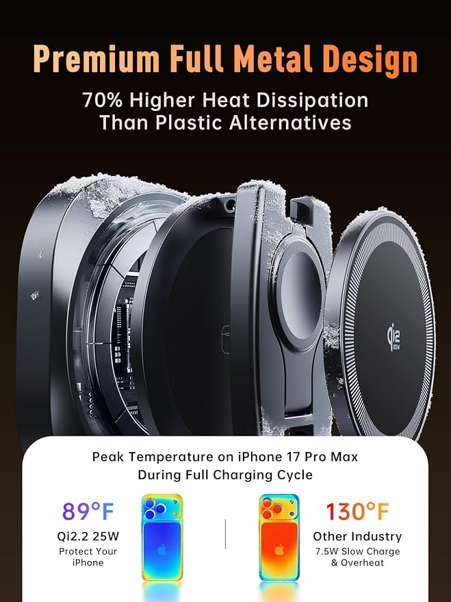 3-in-1 Foldable Qi2.2 25W Magnetic Wireless Charger Stand for iPhone Black | 360° Rotatable Charging Station for Airpods & Apple Phone Watch Earbuds for Travel Desk Home (No Adapter)