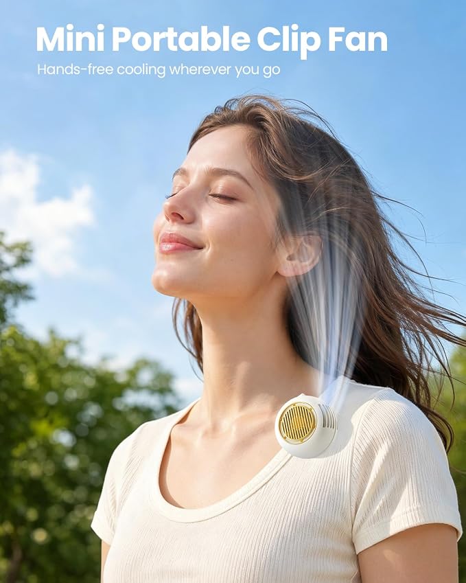 UNIWA Clip On Fan, Portable Silent Mini Bladeless Fan for Shirt/Waist, 5 Speed Adjustable&LED Display, Spin 360° Fan, Hands-Free, Wearable Fan for Outdoor Travel, Office, Gift Women Apricot White+Pink