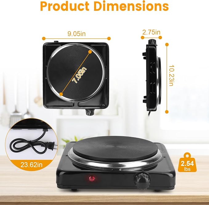 Electric Burner, Electric Hot Plate for Cooking Portable Cooking Stove, Countertop Burner Cooktop for Kitchen, Dorm, Temperature Control, Easy to Clean, Black