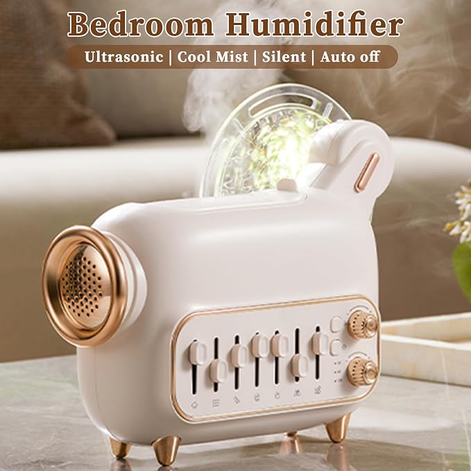 6 in 1 Air Humidifiers for Bedroom Baby, 120 ML Essential Oils Diffusers for Home Office, Ultrasonic Cool Mist Humidifier with Bluetooth Speaker, Projector Light, White Noise, Timer (M8-Cream)