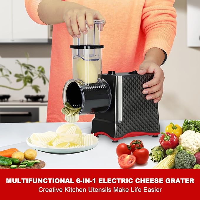 YOTAN Electric Cheese Grater, 250W Cheese Shredder Machine with 6 Stainless Steel Blades, One-Touch Electric Food Slicer for Cheese, Vegetables, Potatoes, Nuts and Meal Prep, Easy to Clean