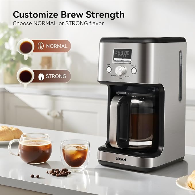 Gevi 14-Cup Programmable Coffee Maker, Drip Coffee Machine with Normal & Strong Brew for Home and Office, Glass Carafe, 2-Hour Keep Warm, Pause & Serve, Auto Shut Off, Silver