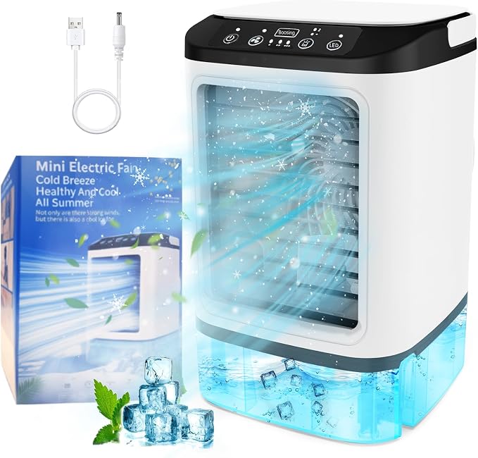 Portable Air Conditioners, Personal Air Conditioner with 2 Mist & 7 Color Light, 3 Speed & Boost Mode, 900ml Large Tank & Icebox, Evaporative Air Cooler AC Cold Fan for Bedroom Office Desk Car
