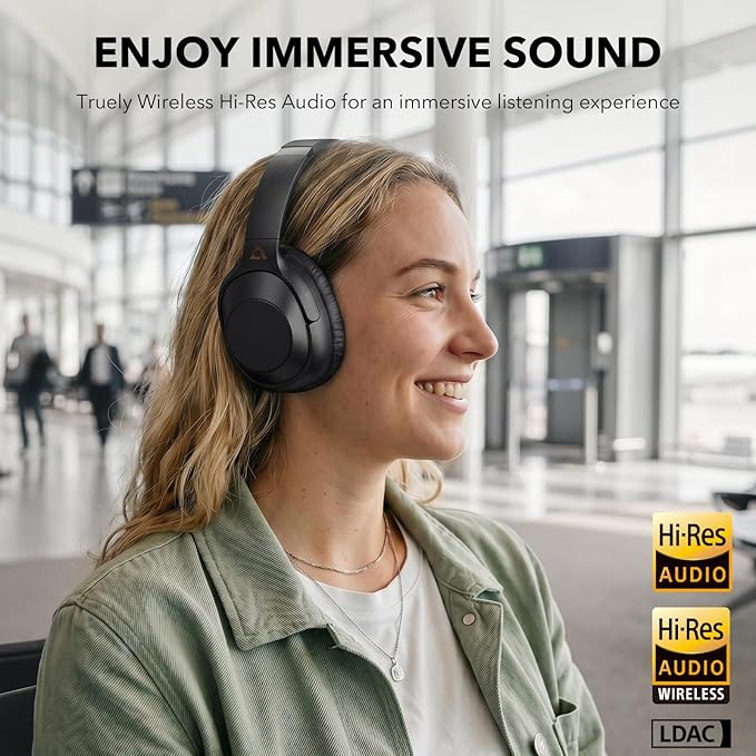 Bluetooth 6.0 Active Noise Cancelling Headphones for Airplane Travel, LDAC Hi-Res Audio, 90H Playtime Wired and Wireless ANC Headphones, Over Ear Headset for Home Office, Custom EQ via APP, Black