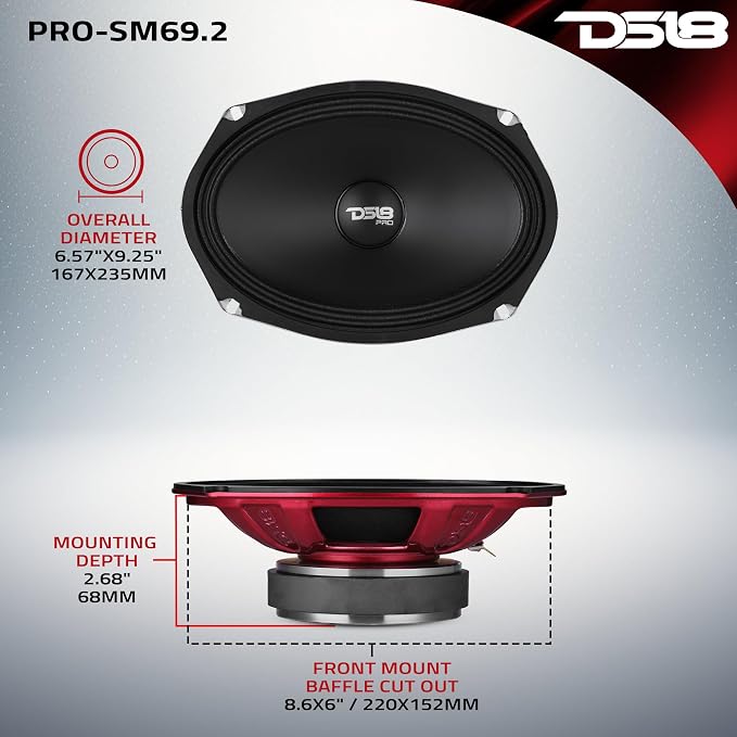 DS18 PRO-SM69.2 6x9 Shallow Water Resistant Cone Mid-Range Loudspeaker 500W Max Power, 250W RMS, 2 Ohms - Perfect for Motorcycle Applications (1 Speaker)