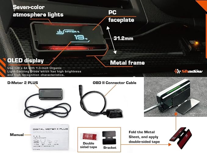 Shadow OBD2 Display D-Meter 2 Plus - Minimalist & Futuristic Multi-Functional Gauge with RGB Accent Light, Sleek Black Frame, DTC Scan & Clear, High-Tech Design for 12V/48V Cars