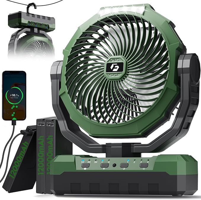 FRIZCOL 3-in-1 Camping Fan - Portable Fans Rechargeable - 36000mAh Detachable Battery Powered Fan with Light & Remote for Indoor, Outdoor, Tent, Travel, Fishing, Jobsite, Gifts for Men Dad Him - Green