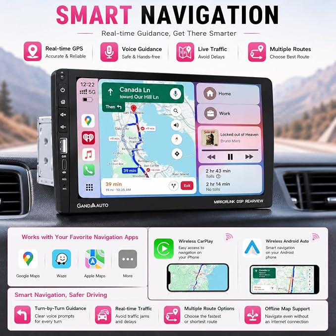 9 Inch Single DIN Car Stereo with Wireless Apple CarPlay Android Auto, Car Radio, 9" IPS Capacitance Touchscreen, Bluetooth 5.2, FM Receiver, Backup Camera,USB/Type-C, subwoofer, Apple Car Play