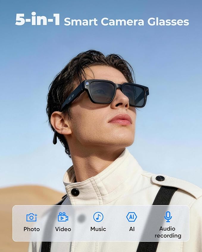AI Smart Camera Glasses, 1080P HD Video + 8MP Photo, Bluetooth Open Ear Music & Calls, Interchangeable Sunglasses/Clear Lenses, No Subscription, for Travel & Vlogging