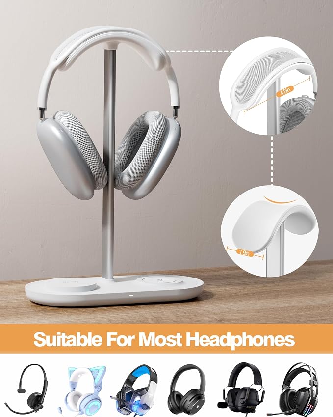 HiWe Headphone Stand, 2-in-1 Wireless Charger for iPhone/Apple Watch, Aluminum Alloy Rod, Minimalist Desk Organizer, White