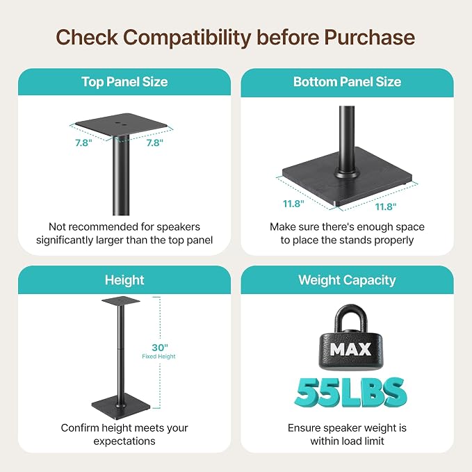 Speaker Stands Pair, 30" Fixed Height, 55lbs Weight Capacity, 11.8" Base, Cable Management, Freestanding Speaker Floor Stand for Surround Sound,Wooden Base