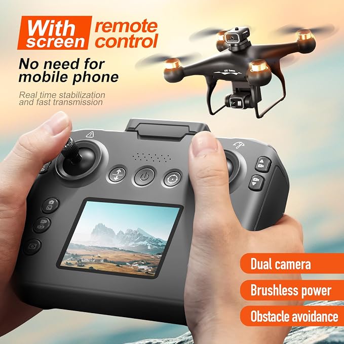 Hobby RC Drone with Screen-equipped Remote Controller, Dual Cameras & Optical Flow Positioning. Built with 6-Channel Gyro and Brushless Motor. Features Headless Mode, Hovering, One-Key Takeoff and Altitude Hold. Comes with 2 Batteries. Easy-to-operate ...