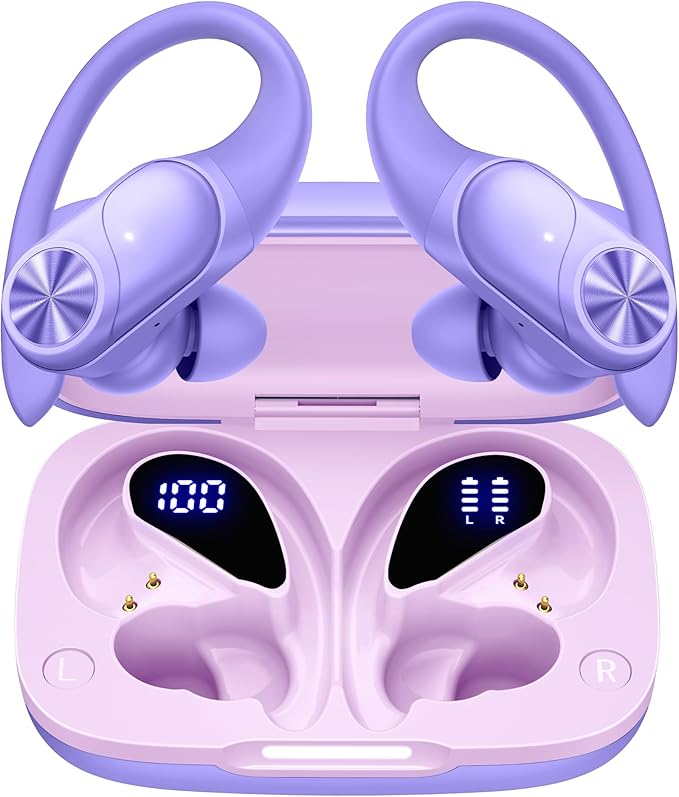 PocBuds Bluetooth Headphones Wireless Earbuds 80hrs Playtime Wireless Charging Case Digital Display Sports Ear buds with Earhook Deep Bass IPX7 Waterproof Over-Ear Earphones for TV Phone Laptop Purple