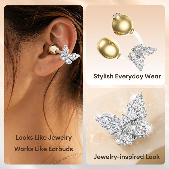 Clip On Earbuds with Detachable Diamond Butterfly Earrings, Bluetooth 6.0 Open Ear Earbuds for Women, Led Display Leather Texture Charging, Comfortable Fit for Small Ear, Daily Wear&Gifts, X22 Beige