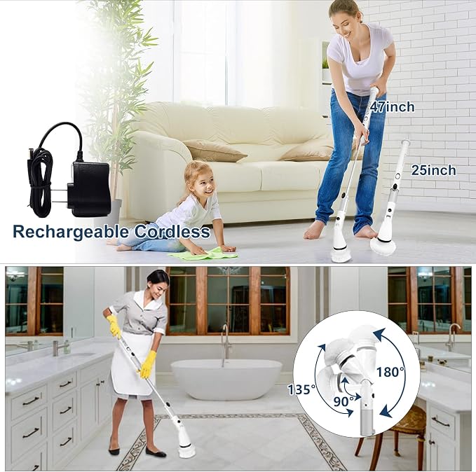 Electric Cleaning Brush with Long Handle Rechargeable, Efficient Electric Spin Scrubber Cordless Tub and Tile Scrubber, Electric Scrubber Brush for Cleaning Bathroom Cleaning Tool Waterproof