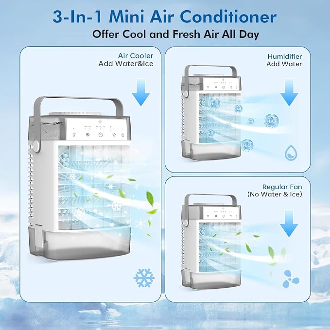 Portable Air Conditioner, Personal Evaporative Air Cooler with Dual Tank, 2 Mist Modes, 3 Wind Speed, USB Powered Desk Cooling Fan with 7-Color Mood Lighting for Office/Bedroom