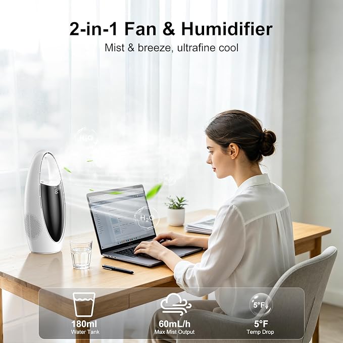 KONSIDEN Bladeless Misting Desk Fan, 13 Inch Rechargeable 3500mAh Quiet Small Personal Table Fan, 9 Speeds & 9H Timer, 60° Oscillation, 180ml Water Tank & Night Light for Bedroom Office Home Outdoor